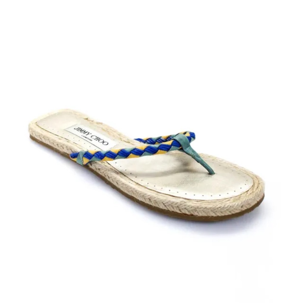 Jimmy Choo Women's Braided Leather Espadrille Flip Flops Beige Size 6.5